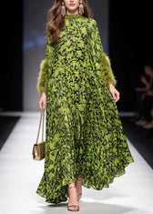 Italian Green Print Fur Patchwork Chiffon Maxi Dresses Spring 5