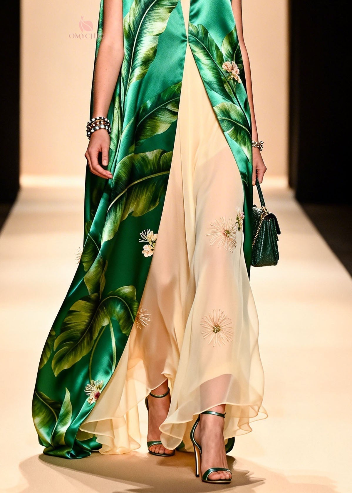 Italian Green Print Silk Cardigans Chiffon Dresses Two Pieces Set - View 4