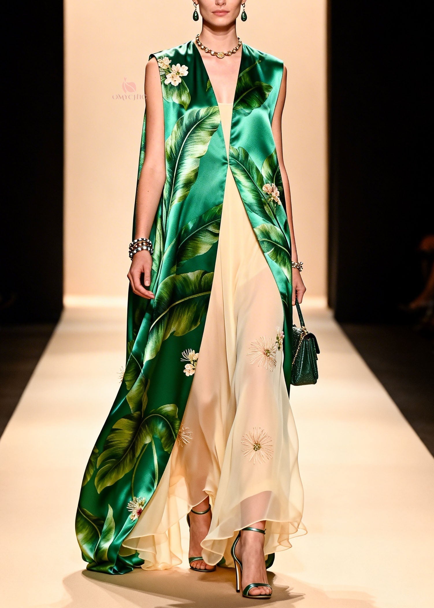 Italian Green Print Silk Cardigans Chiffon Dresses Two Pieces Set - View 5