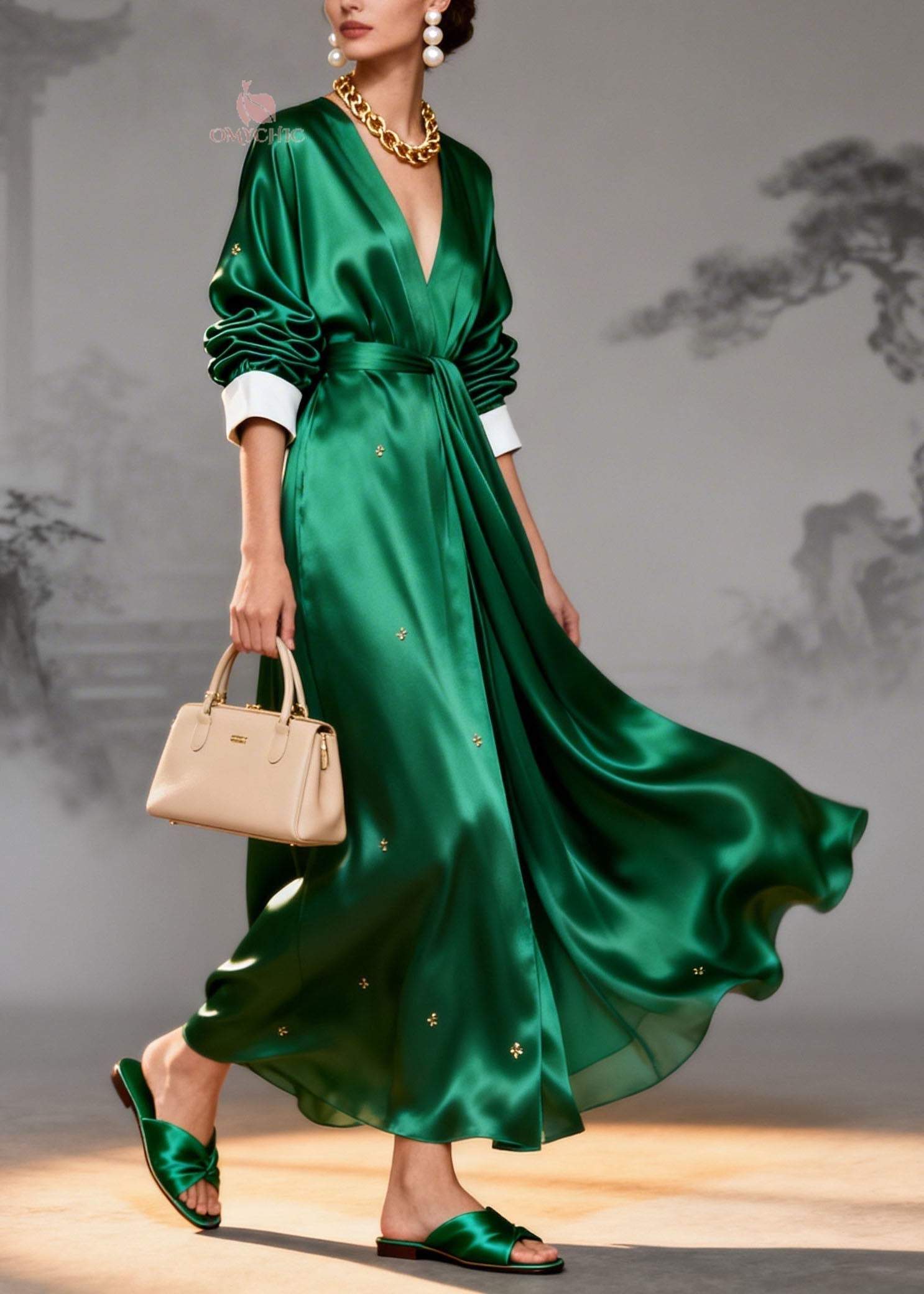 Satin Wrap Deep V-Neck Contrast Cuff Long Sleeve Metallic Applique Maxi Gown
