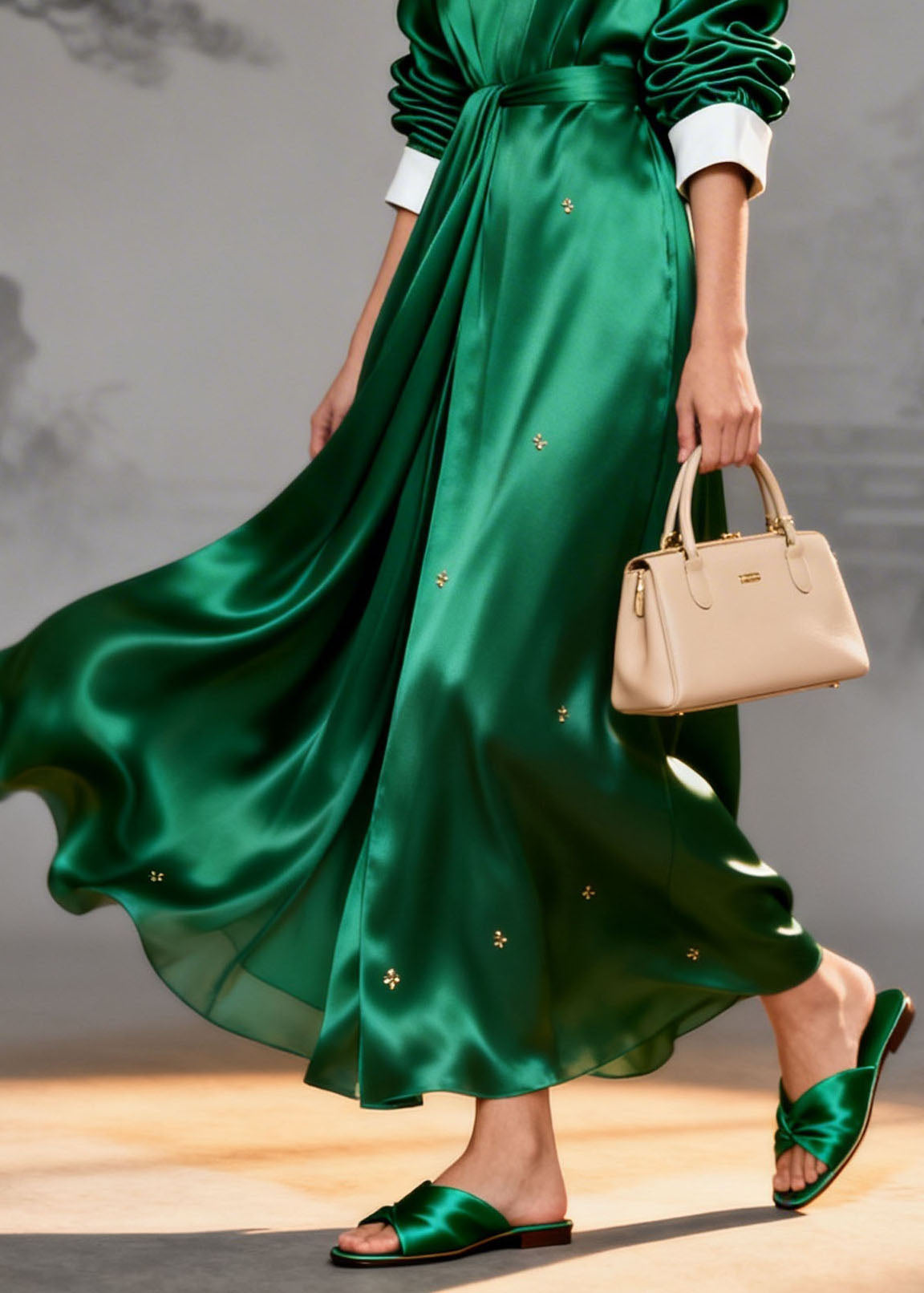 Satin Wrap Deep V-Neck Contrast Cuff Long Sleeve Metallic Applique Maxi Gown
