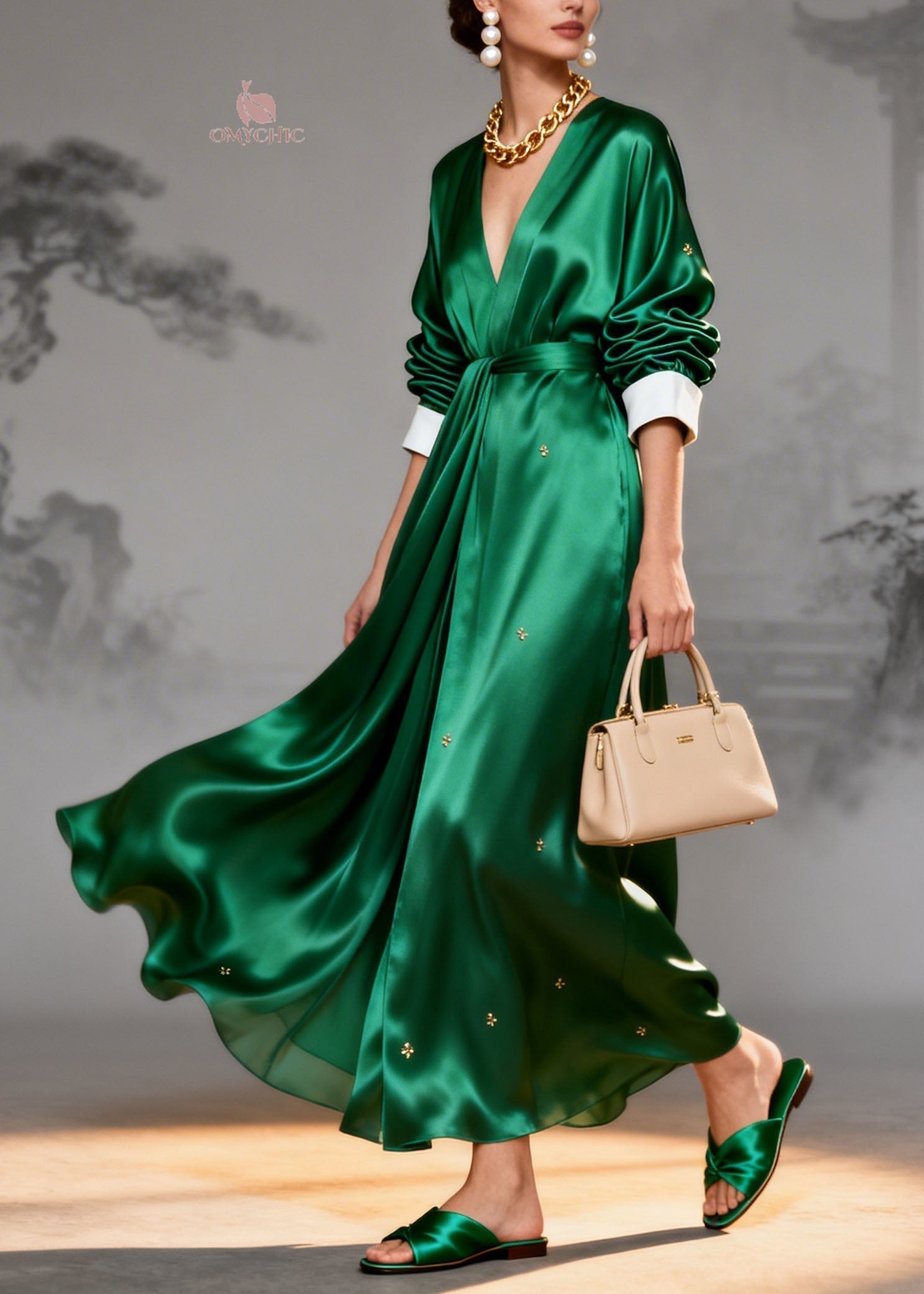Satin Wrap Deep V-Neck Contrast Cuff Long Sleeve Metallic Applique Maxi Gown