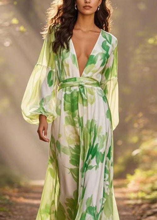 Botanical Print Deep V-Neck Bishop Sleeve Tie Waist A-Line Maxi Dress