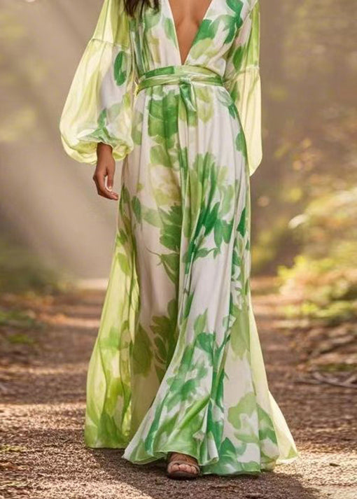 Botanical Print Deep V-Neck Bishop Sleeve Tie Waist A-Line Maxi Dress
