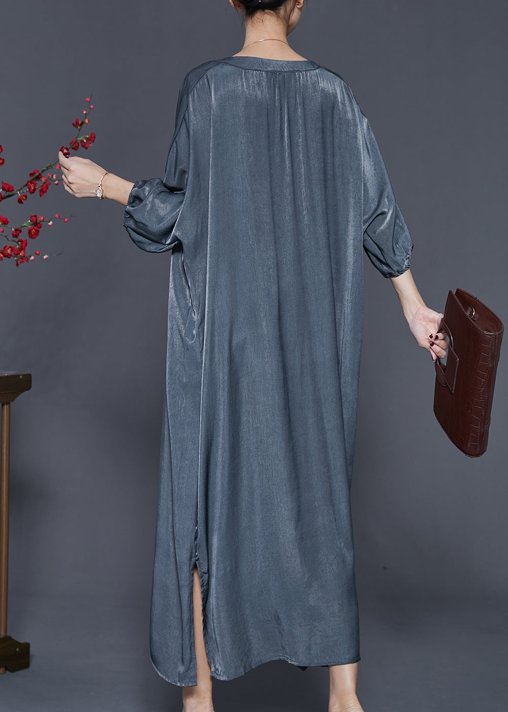 Metallic Crinkle V-Neck Button Down Three Quarter Sleeve Oversized Maxi Dress