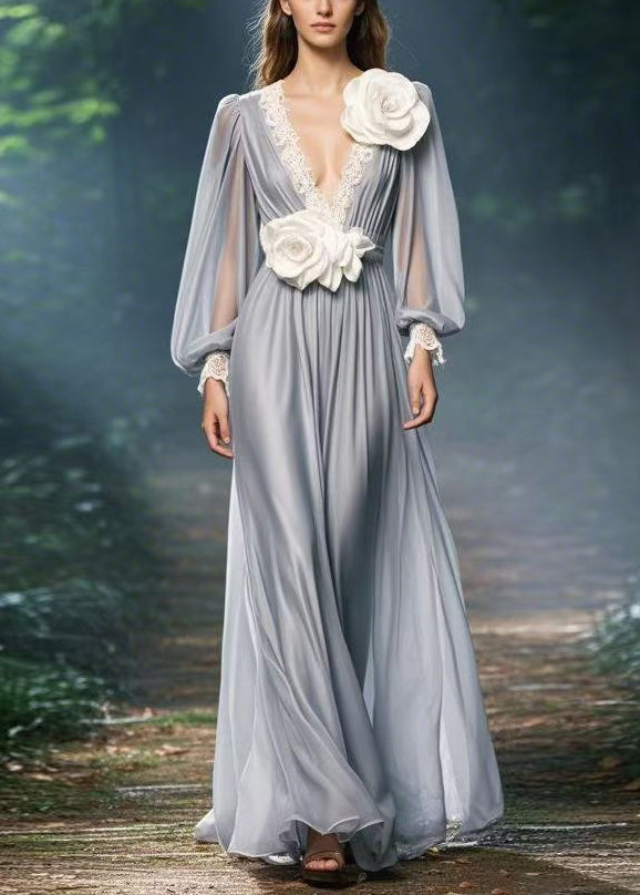 Chiffon Deep V-Neck Lace Trim Bishop Sleeve Floral Applique Maxi Gown