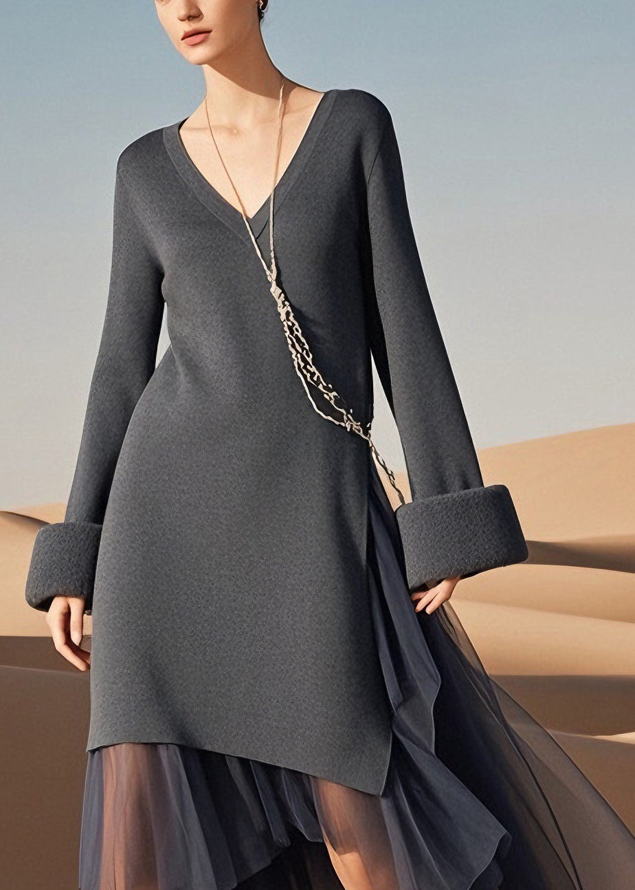 Knit V-Neck Long Sleeve Folded Cuff Tulle Layered High Low Midi Dress
