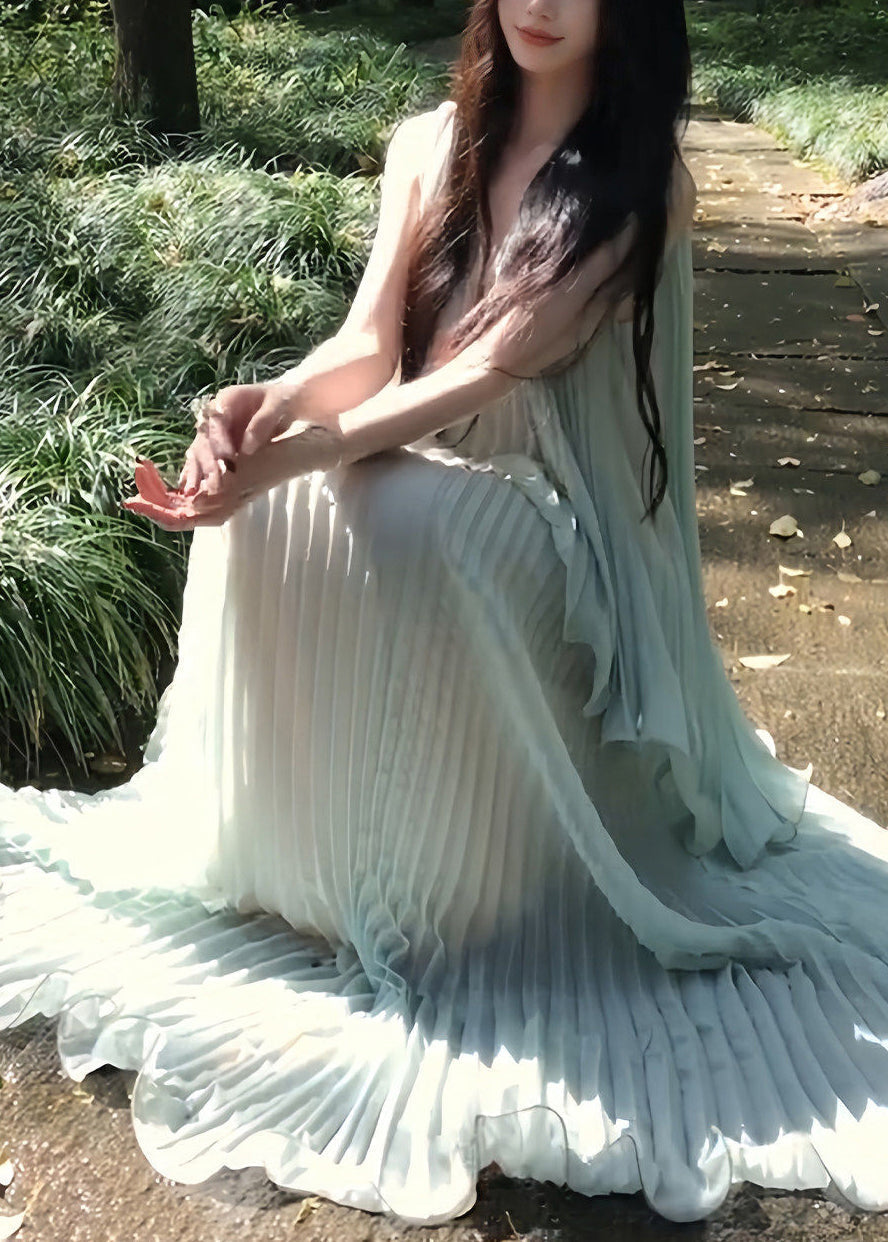 Chiffon Vertical Pleat Deep V-Neck Spaghetti Strap Tiered Ruffle Hem Maxi Gown