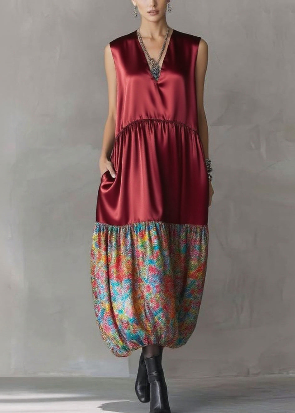 V-Neck Sleeveless Empire Waist Patchwork Bubble Hem Tiered Maxi Dress