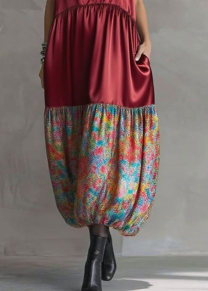 V-Neck Sleeveless Empire Waist Patchwork Bubble Hem Tiered Maxi Dress