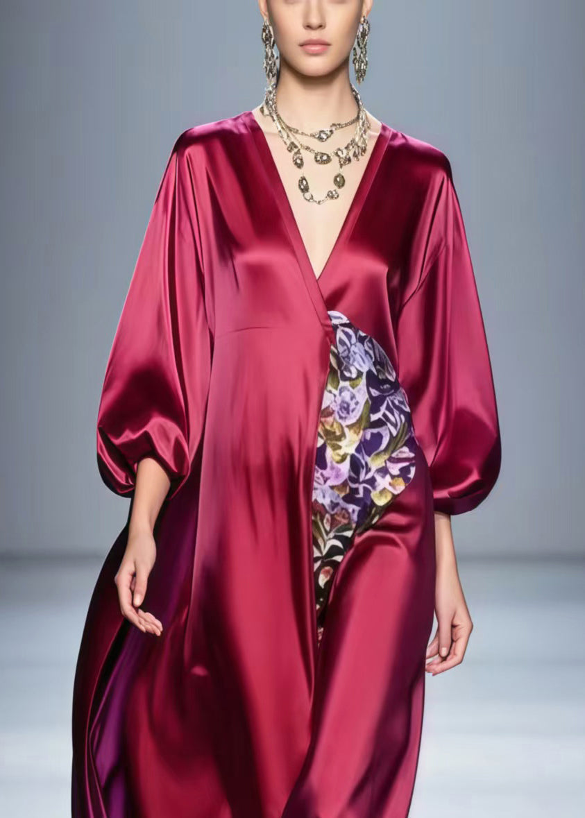 Satin Deep V-Neck Balloon Sleeve Empire Waist Floral Applique Maxi Gown