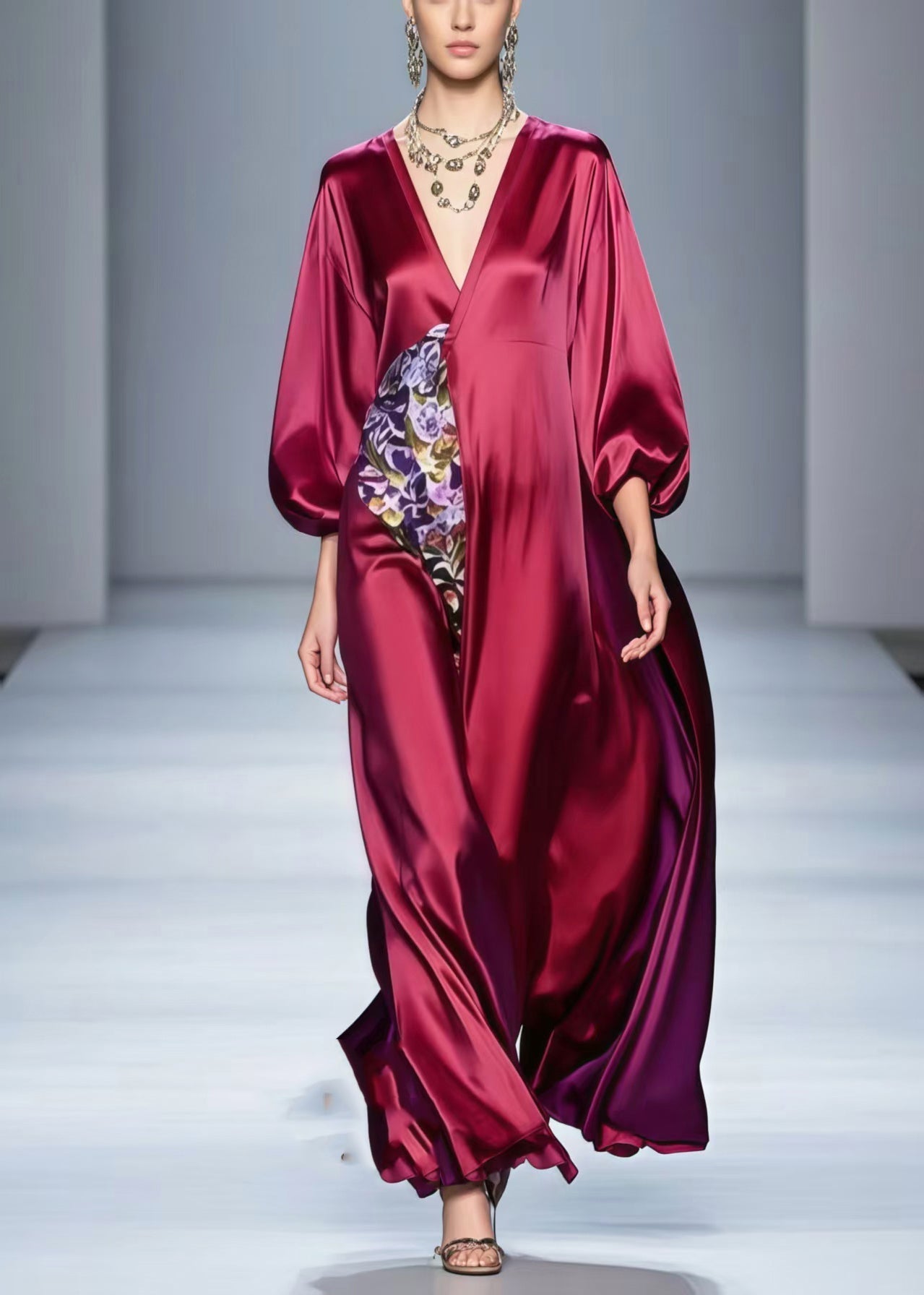 Satin Deep V-Neck Balloon Sleeve Empire Waist Floral Applique Maxi Gown