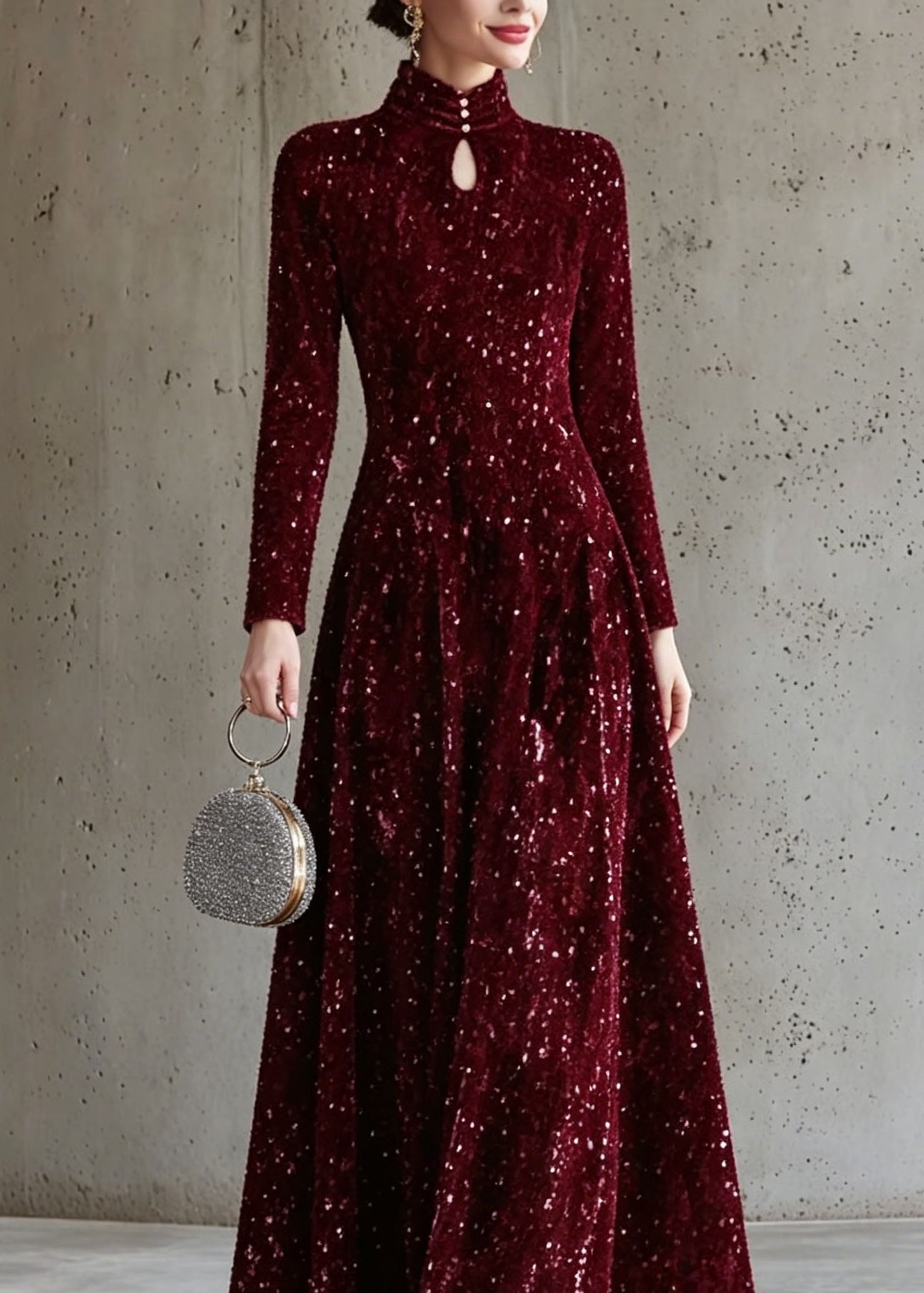 Sequin Velvet High Neck Long Sleeve A-Line Maxi Dress