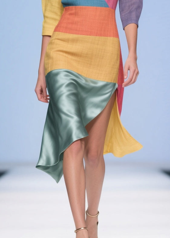 Deep V-Neck Wrap Panel Three Quarter Sleeve Woven Satin High Low Midi Dress