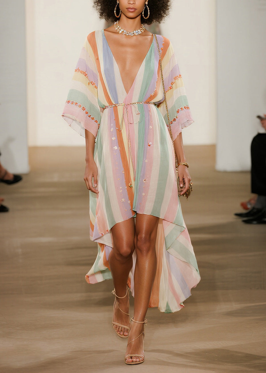 Striped Deep V-Neck Kimono Sleeve Embroidered Cuff Belted High Low Maxi Dress
