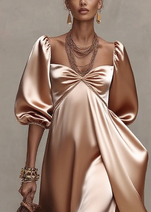 Satin Sweetheart Neck Puff Sleeve Ruffle Hem High Split Maxi Gown