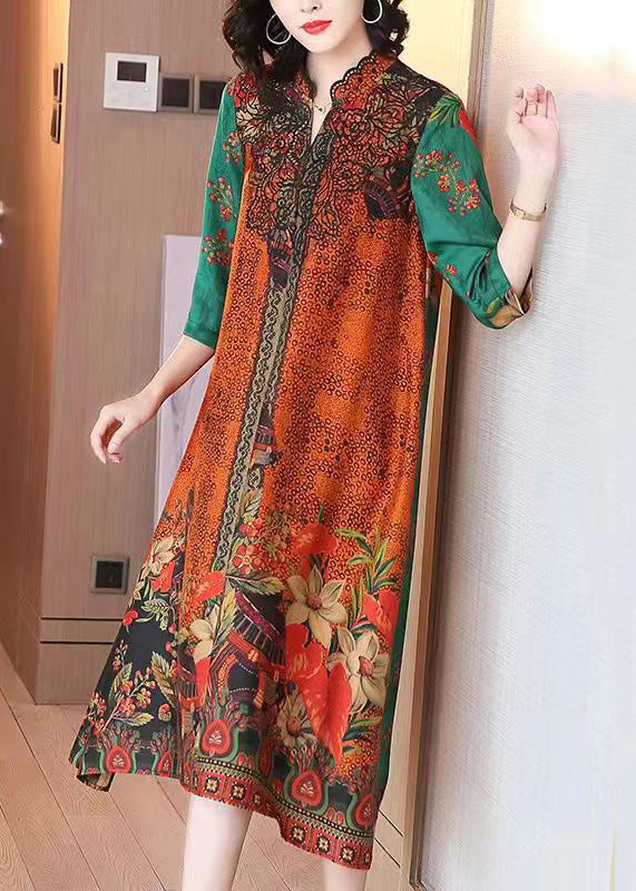Patchwork Print Notched Collar Scalloped Trim Three Quarter Sleeve A-Line Midi Dress