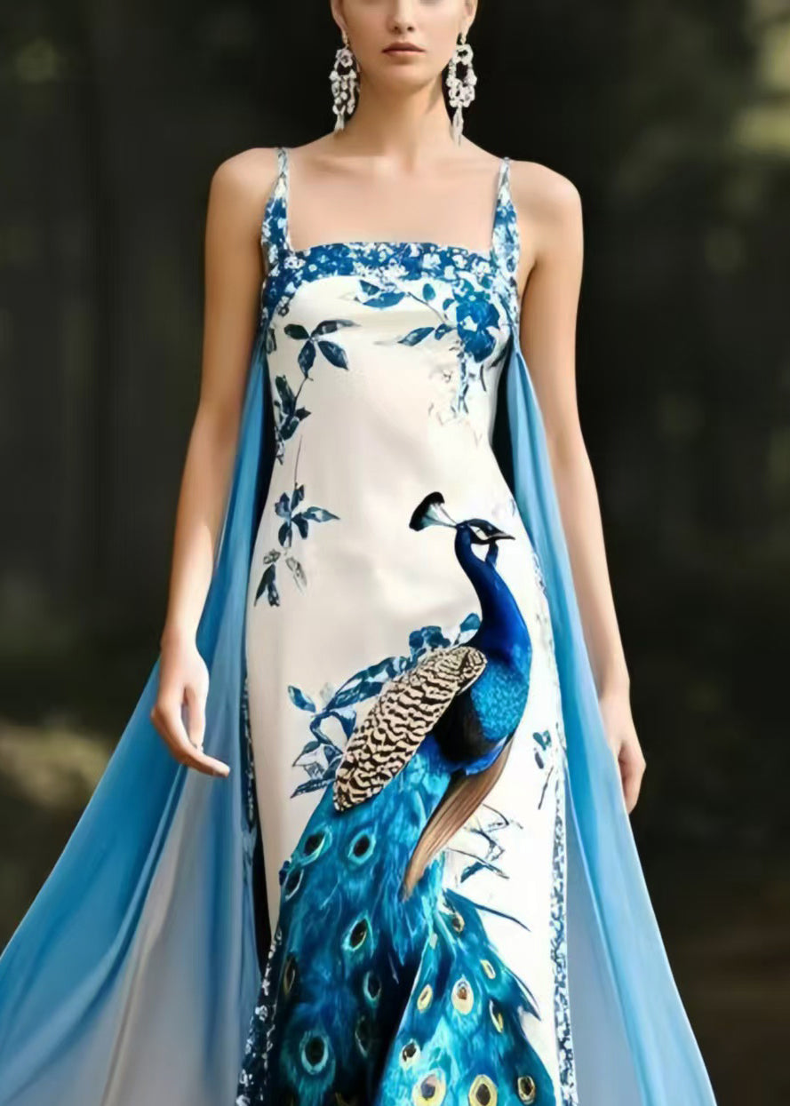 Peacock Print Spaghetti Strap Square Neck Cape Train Maxi Gown