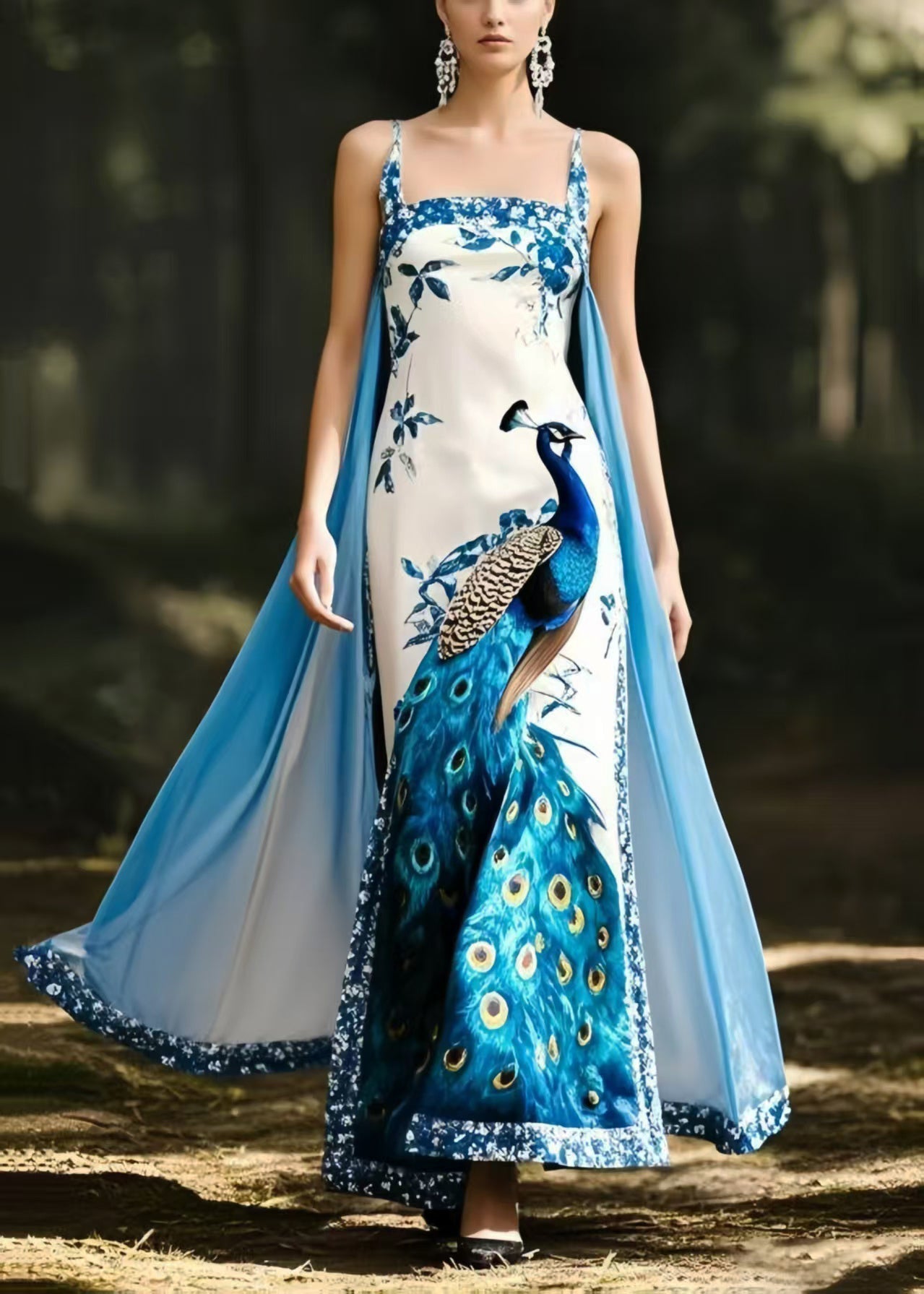 Peacock Print Spaghetti Strap Square Neck Cape Train Maxi Gown