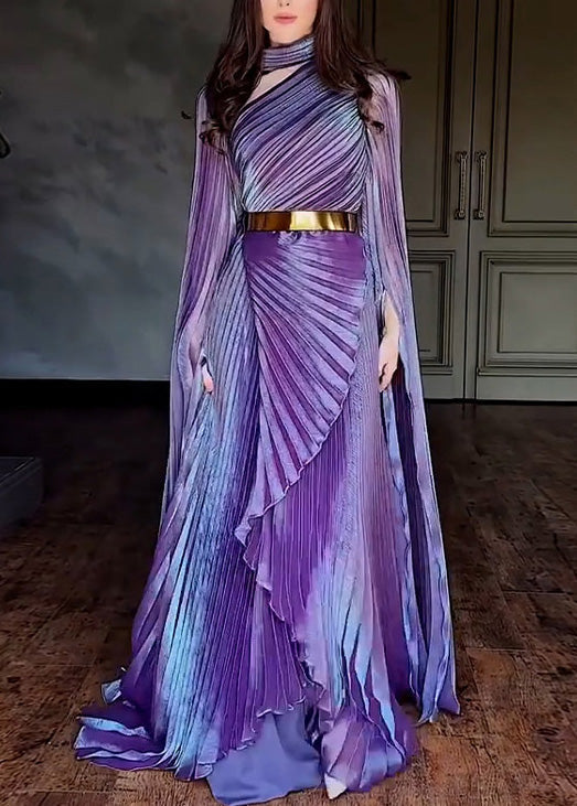 Pleated High Neck Cape Sleeve Belted Asymmetrical Maxi Gown