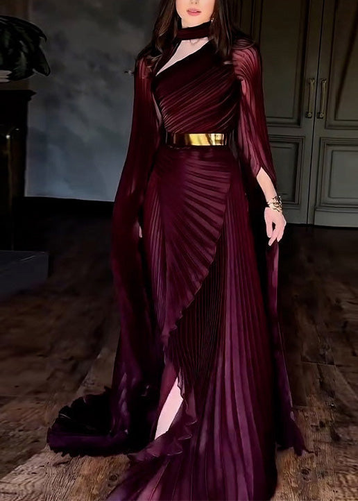 Pleated High Neck Cape Sleeve Belted Asymmetrical Maxi Gown