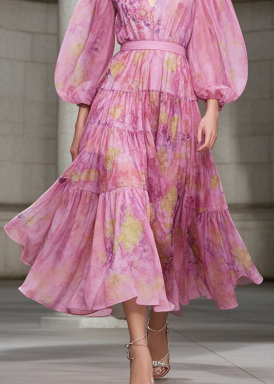 Abstract Print Tiered Deep V-Neck Bishop Sleeve Chiffon Midi Dress