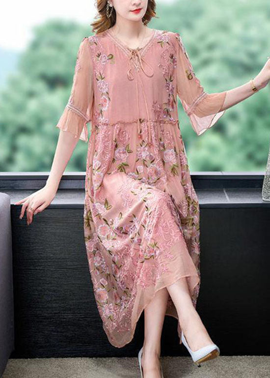 Lace Up V-Neck Flutter Sleeve Floral Embroidered Organza Midi Dress