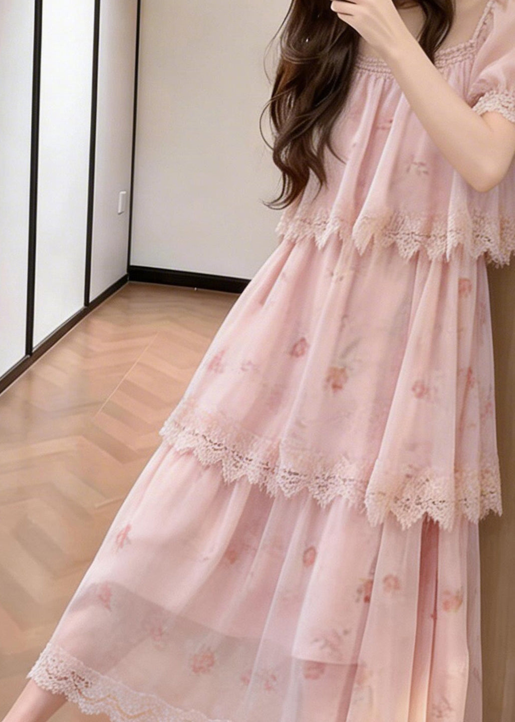 Italian Pink Layered Design Print Chiffon Vacation Dresses Summer
