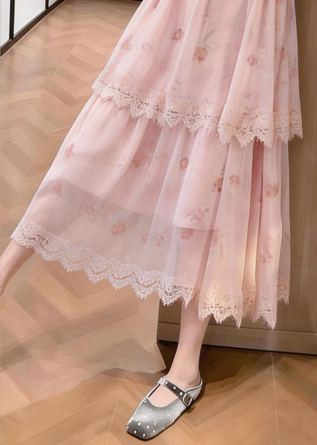 Italian Pink Layered Design Print Chiffon Vacation Dresses Summer