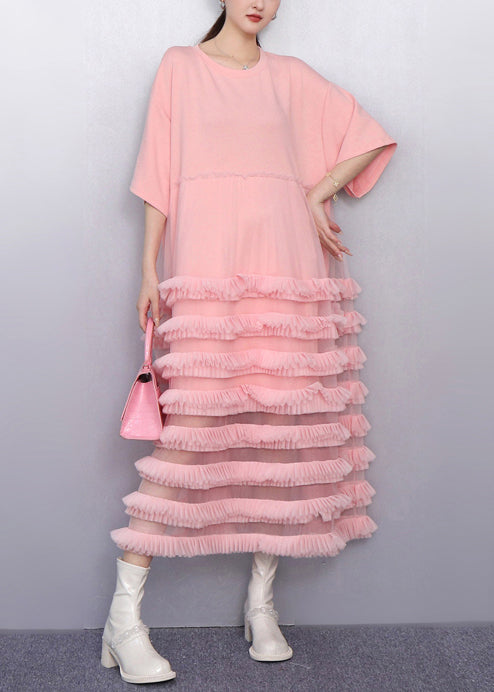 Crew Neck Half Sleeve Tiered Ruffle Tulle Hem Oversized Midi Dress