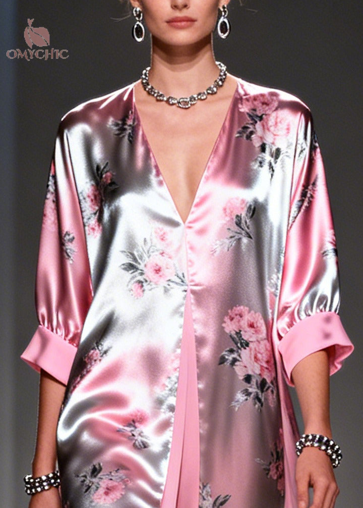 Satin Metallic Floral Deep V-Neck Kimono Sleeve High Split Faux Two-Piece Maxi Gown