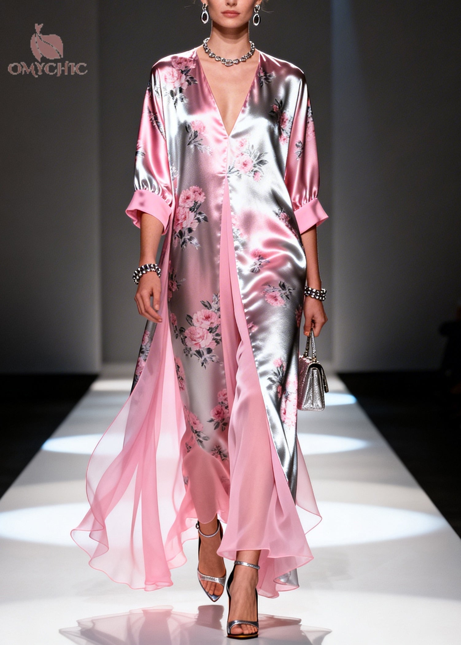 Satin Metallic Floral Deep V-Neck Kimono Sleeve High Split Faux Two-Piece Maxi Gown