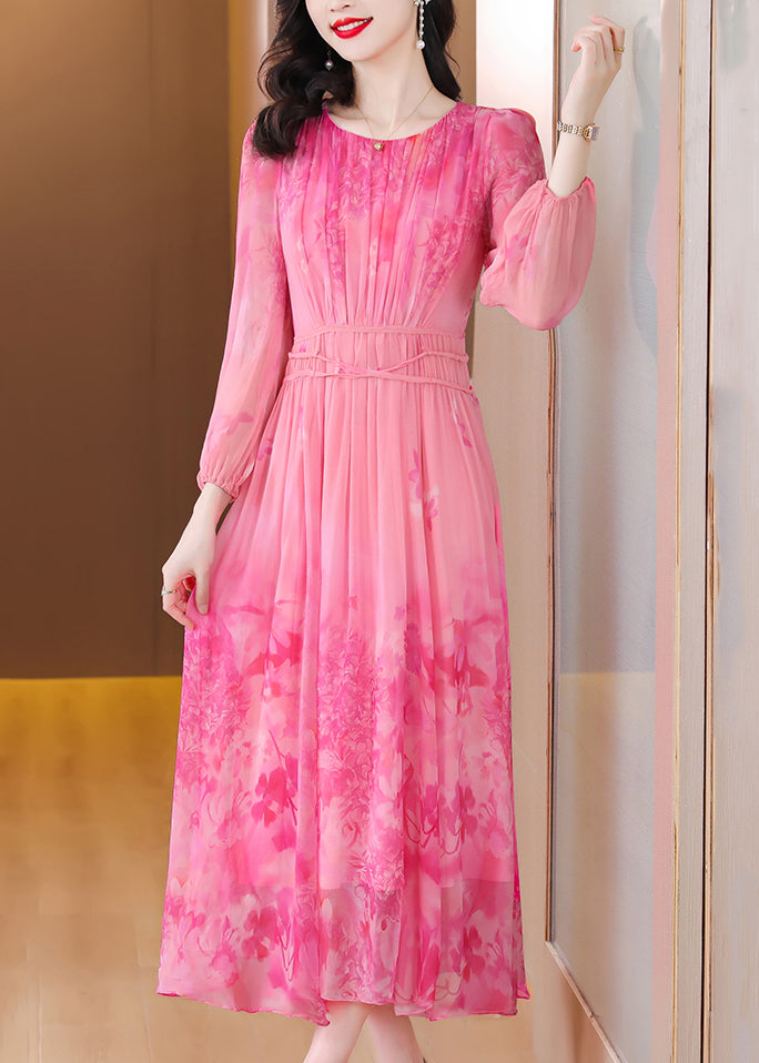 Floral Print Round Neck Long Sleeve Ruched Tie Waist Chiffon Maxi Dress