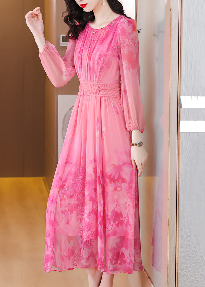 Italian Pink Print Tie Waist Chiffon Long Dress Long Sleeve 3