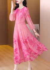 Italian Pink Print Tie Waist Chiffon Long Dress Long Sleeve 4