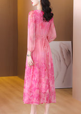 Italian Pink Print Tie Waist Chiffon Long Dress Long Sleeve 5