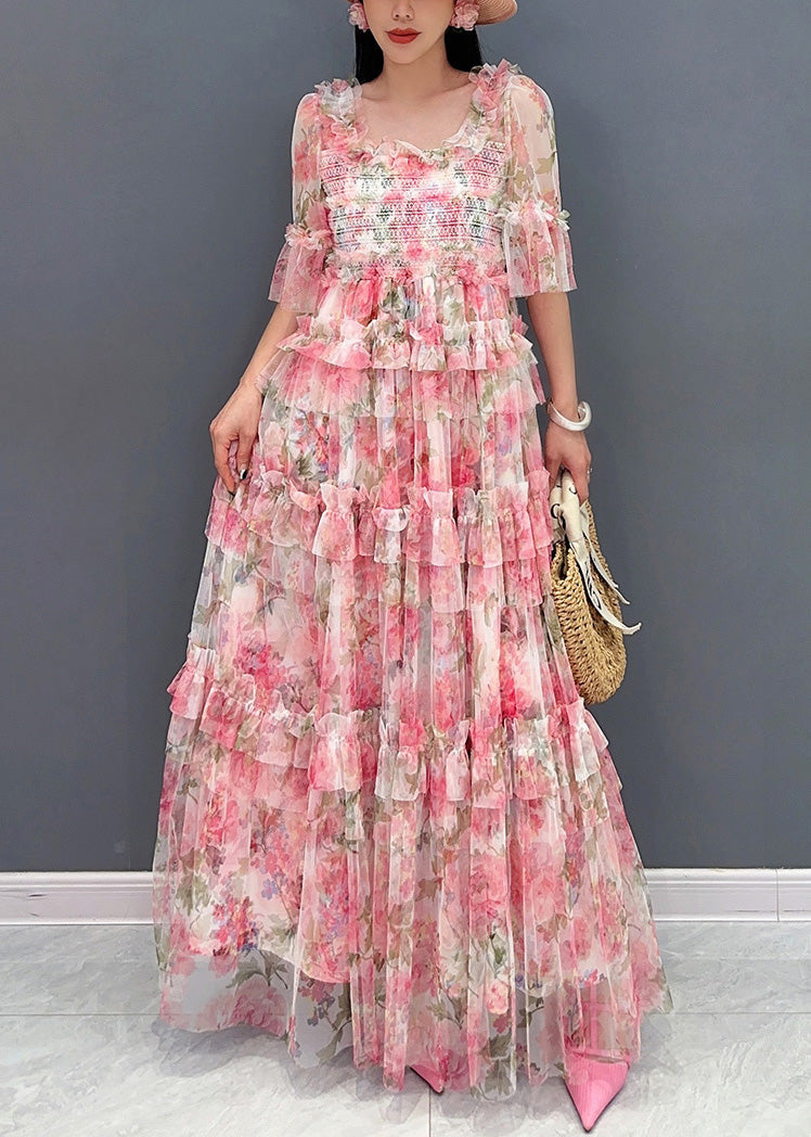 Italian Pink Ruffled Print Chiffon Long Dresses Half Sleeve 2