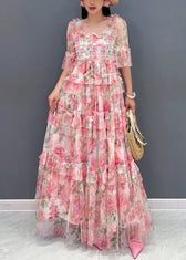 Italian Pink Ruffled Print Chiffon Long Dresses Half Sleeve 2