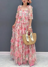 Italian Pink Ruffled Print Chiffon Long Dresses Half Sleeve 3