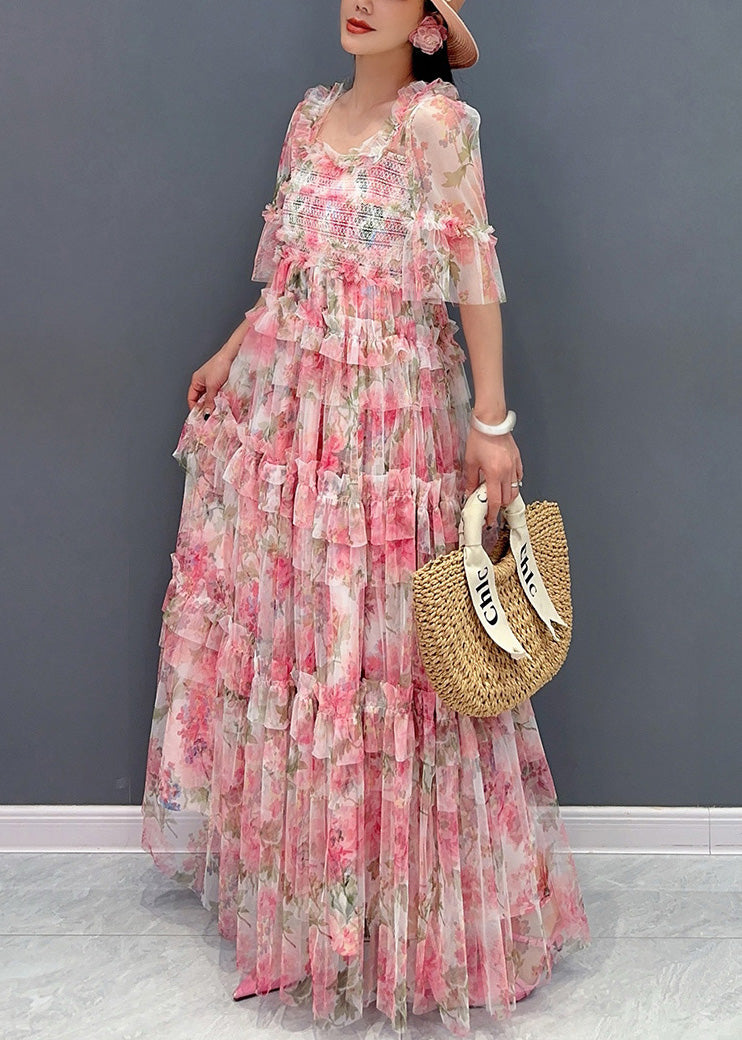 Italian Pink Ruffled Print Chiffon Long Dresses Half Sleeve 4