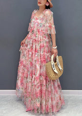Italian Pink Ruffled Print Chiffon Long Dresses Half Sleeve 4