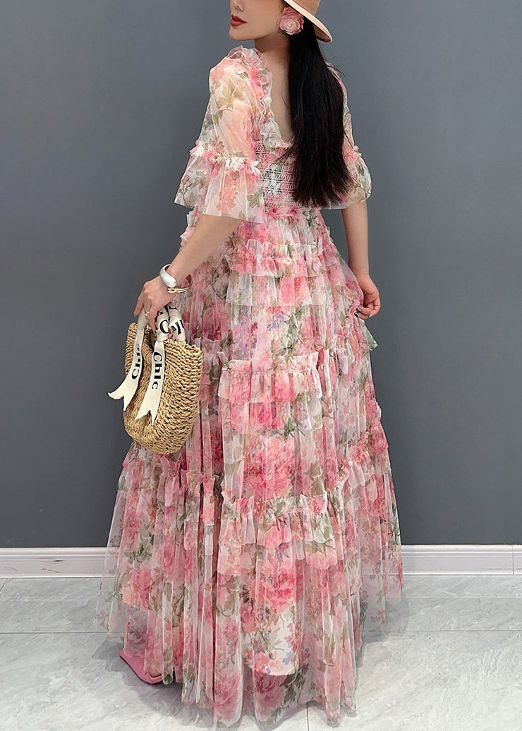 Italian Pink Ruffled Print Chiffon Long Dresses Half Sleeve 5
