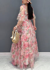 Italian Pink Ruffled Print Chiffon Long Dresses Half Sleeve 5