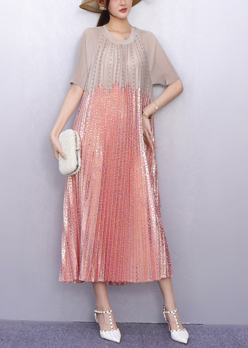 Round Neck Short Sleeve Studded Scalloped Bodice Animal Print Pleated Maxi Dress