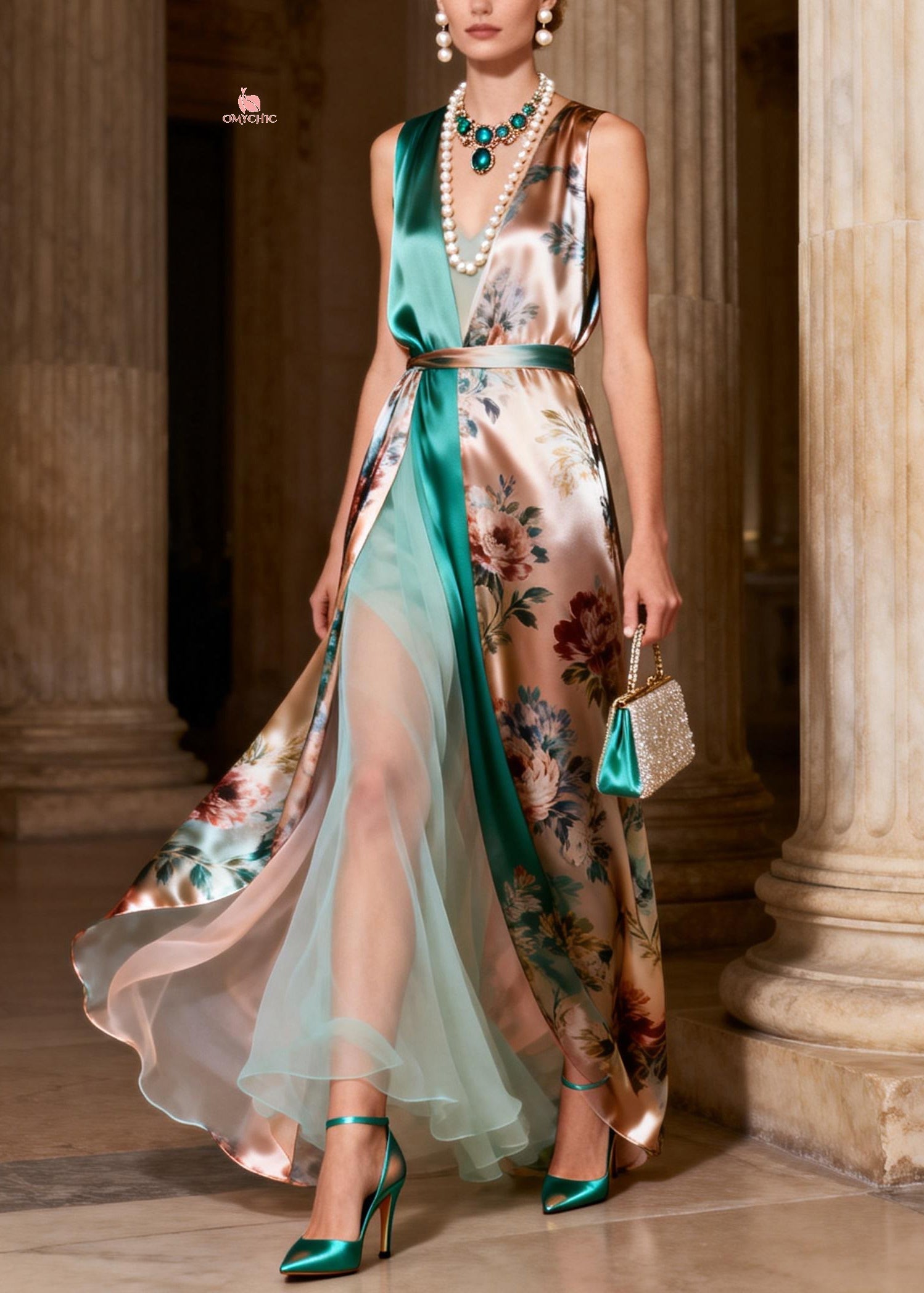 Rose Floral Print Wrap V-Neck Belted Tulle Underskirt High Split Gown