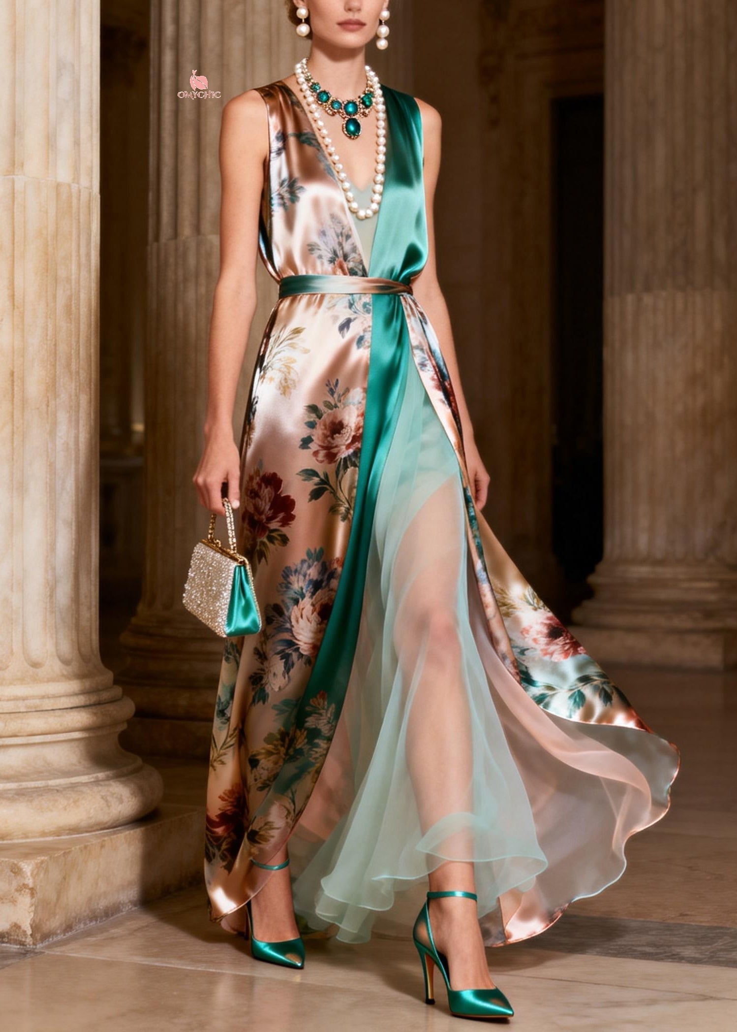 Rose Floral Print Wrap V-Neck Belted Tulle Underskirt High Split Gown