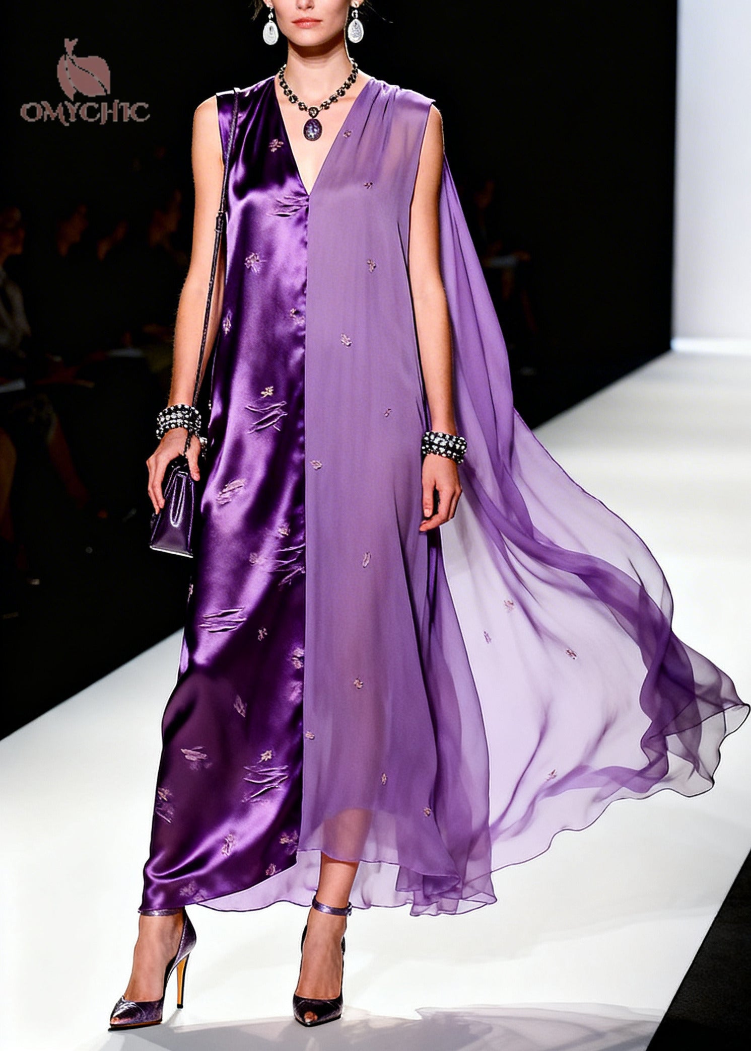 Satin Chiffon Distressed Slit Split Panel Deep V-Neck Cape Drape Maxi Gown