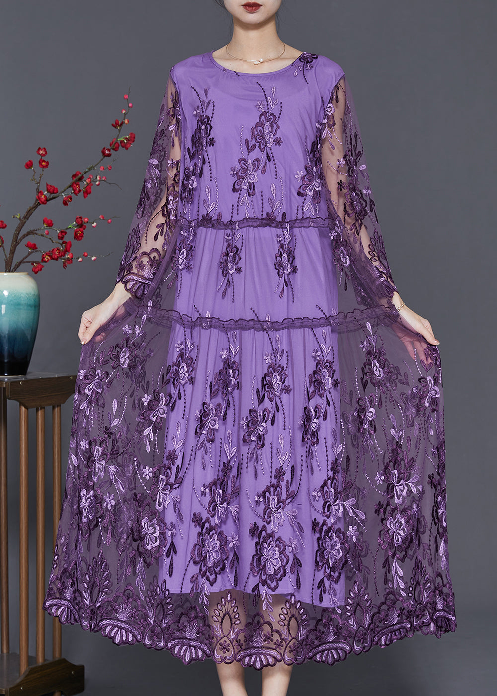 Tulle Floral Embroidery Long Sleeve Tiered Scalloped Lace Hem Midi Dress