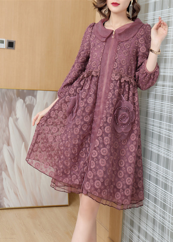 Lace Peter Pan Collar Zip Front Pearl Applique Mesh Hem Midi Dress