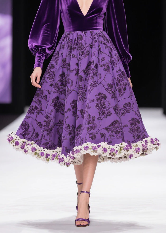 Velvet Deep V-Neck Bishop Sleeve Floral Damask Lace Crochet Hem Midi Dress